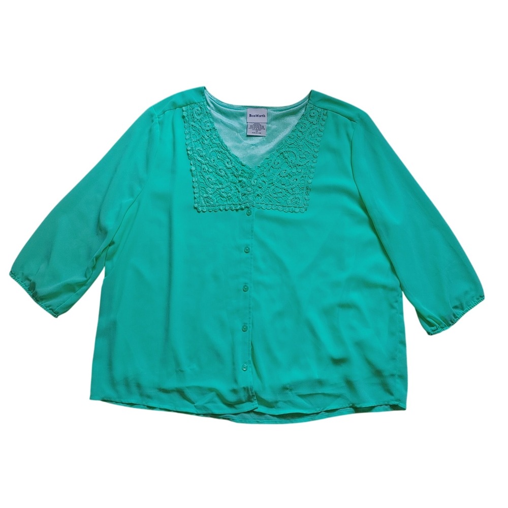 Gorpcore BonWorth Mint Green Crochet Lace Sheer Button Front Blouse Petite LP